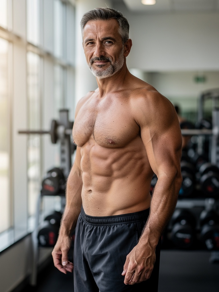 Precision Telemed | Testosterone Fit middle-aged man with gray hair and beard showing TRT results